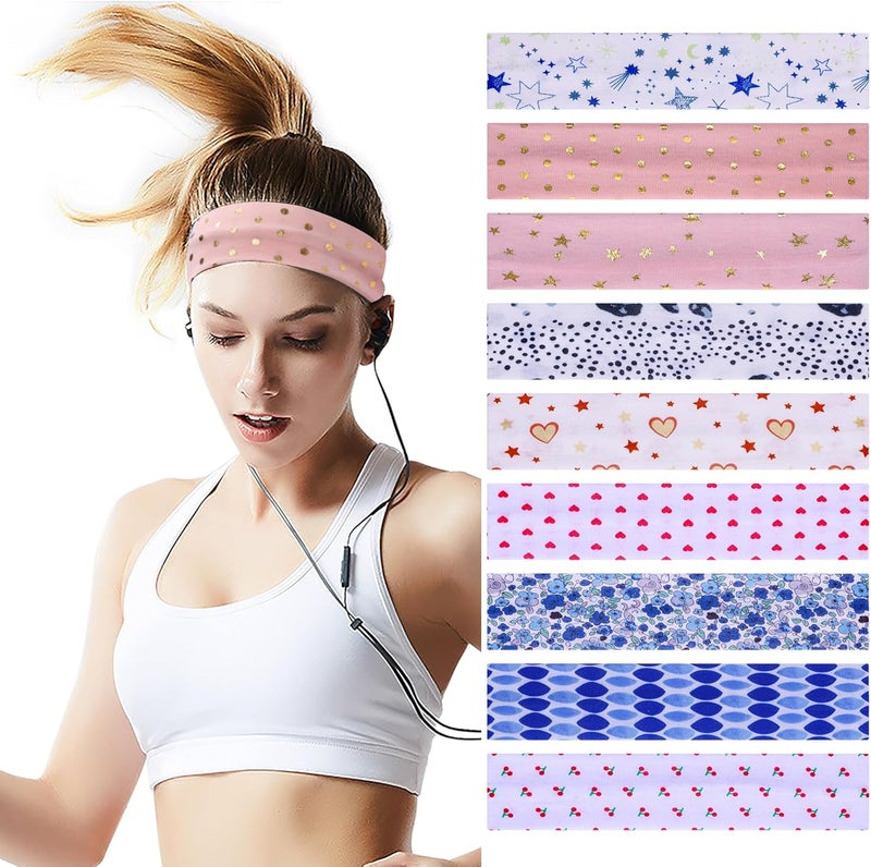 HAUCA Workout Headbands for Women Hair 9 Pcs Non Slip Cotton Like Head Bands for Girls 2.5 inch Wide Soft Elastic Cloth Athletic Sweat Hair Women Bands - Image 1